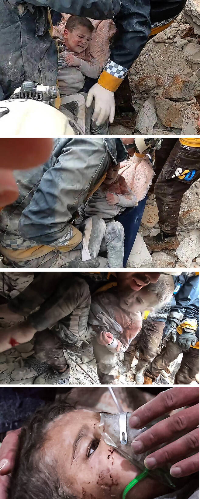 ‘화이트 헬멧’이라는 별명으로 유명한 시리아 민간 구조대인 시리아민간방위대원(SCD)들이 지진이 난 잔해 속에 아이를 구조하는 모습을 이어 붙였다. 이들리브/UPI 연합뉴스