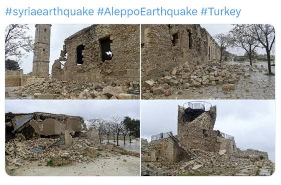 6일(현지시간) 발생한 규모 7.8의 강진으로 시리아의 알레포 성채가 훼손된 모습. 사진 트위터 캡처