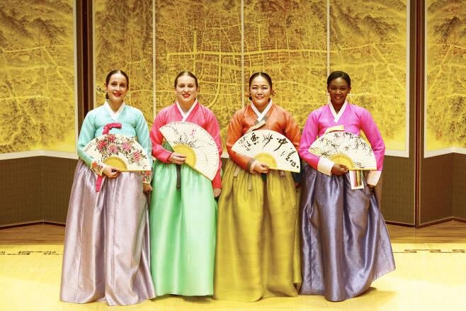 (From left) Anna Yates-Lu, Garance Cachard, Min Hye-sung and Victorine Vlavo pose for a group photo after "My Pansori" at Seoul Namsan Gugakdang, Saturday. (Beondi, Seoul Namsan Gugakdang)