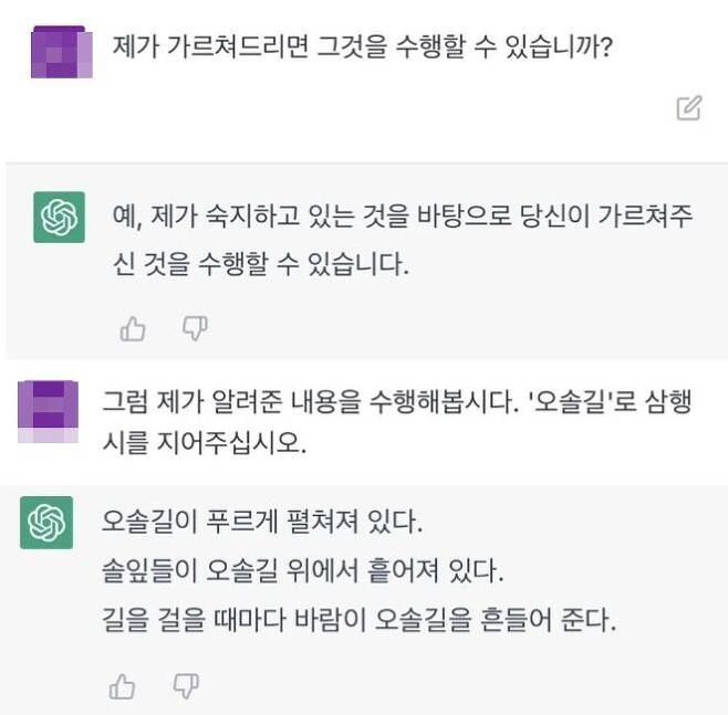 한 네티즌이 챗GPT에게 대화를 통해 '삼행시'를 학습시키고 있다. /온라인 커뮤니티