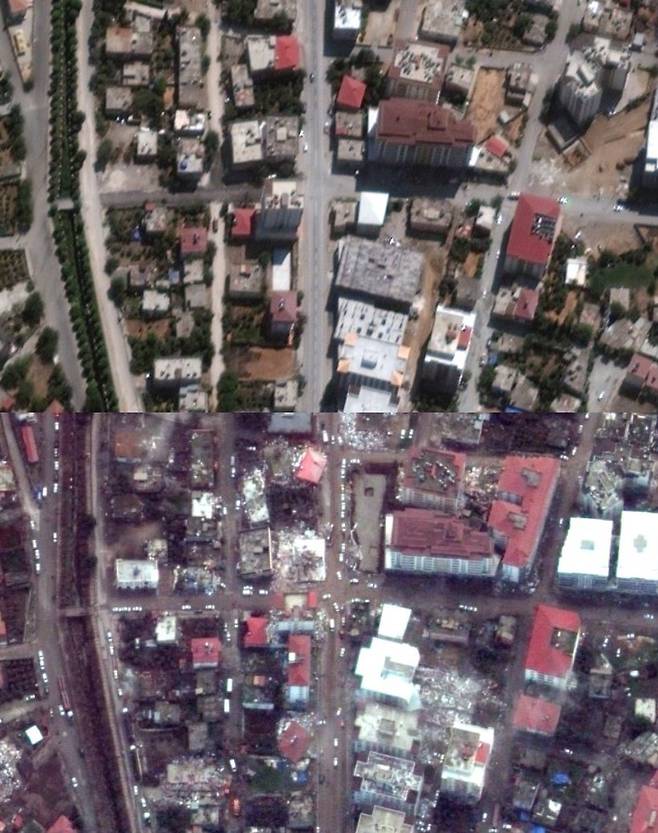 지난 6일 튀르키예에 강진이 발생한 가운데 지진 전과 후의 모습이 위성사진에 담겼다