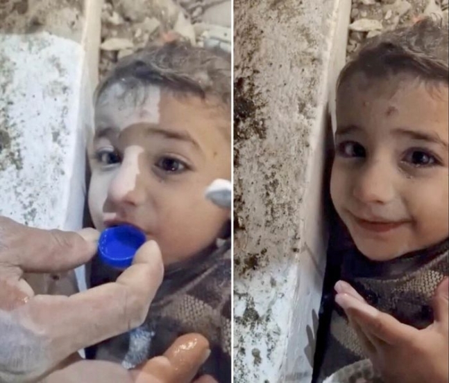 튀르키예 하타이에서 건물 잔해 속에 갇혀 병뚜껑으로 물을 받아 마시는 소년의 모습이 공개됐다. 로이터 연합뉴스