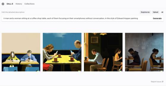 그림 그려주는 인공지능(AI) ‘달리(Dall-E)2’의 웹사이트에 “카페 테이블에 앉아 대화 없이 스마트폰만 들여다보는 남녀, 에드워드 호퍼 그림 스타일로”를 입력하자 나온 4개의 그림. 문소영 기자