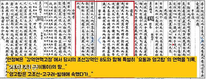 순암은 <동사강목> ’지리고·강역연혁고정’에서 당시의 조선강역인 8도와 함께 요동과 영고탑의 연혁을 기록했다. 그는 “요동은 본래 구이(동이)의 땅이었다”고 했으며, “영고탑은 (고)조선-고구려-발해가 차지했다가 요(거란)에 병합됐다”고 소개했다. <동사강목> 수권의 ‘지도’에도 두만강을 국경선으로 표기하면서도 그 북쪽에 영고탑 등의 위치를 표시했다.