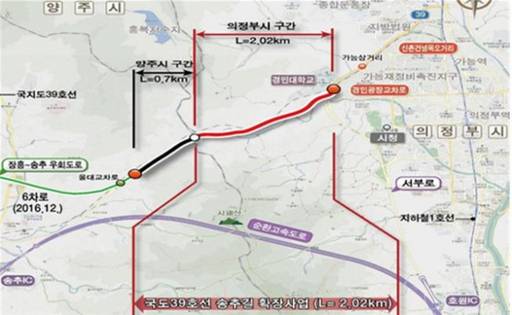 국도39호선 송추길 의정부구간이 2027년말까지 확장된다. 확장될 의정부구간 약도. 의정부시 제공