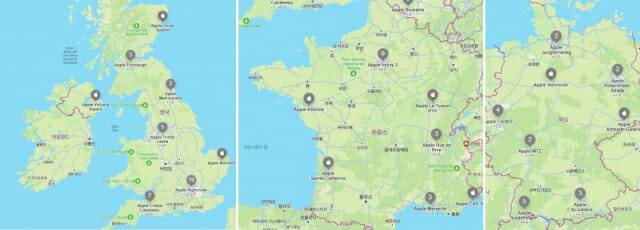 사진 왼쪽부터 영국, 프랑스, 독일 지역 애플 스토어 분포도 (사진= 애플 공식홈페이지 지도 갈무리)