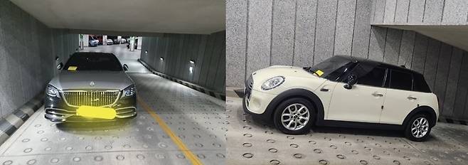 지하 주차장 입구를 막은 마이바흐, BMW 차량의 모습. (온라인 커뮤니티 갈무리)