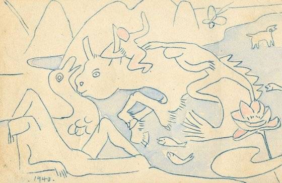 '상상의 동물과 사람들'(1940). 이중섭이 일본 유학 시절 추상 및 초현실주의로부터 받은 영향을 엿볼 수 있는 엽서화. 국립현대미술관