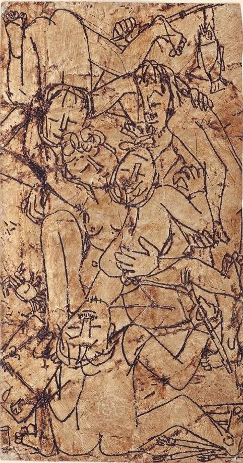 '가족을 그리는 화가'(1950년대 전반). 이중섭은 1952년 6월 가족을 일본으로 떠나보낸 후 가족과 아이들이 담긴 은지화를 그리기 시작했다. 국립현대미술관