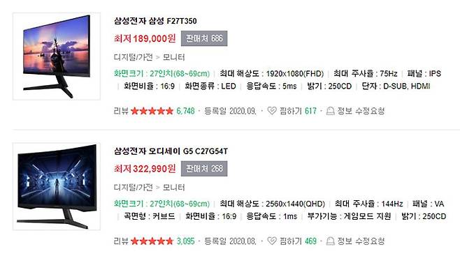 모니터 판매 페이지. 출처=네이버쇼핑