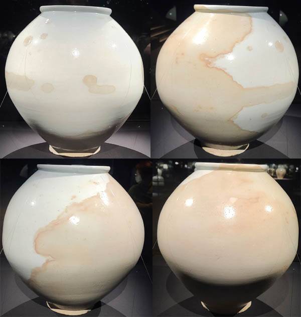 ‘국보 달항아리’. 이 달항아리는 군데군데 누런 얼룩이 묻어 있는 것으로 유명하다. 이런 항아리에 담겨 있는 기름이 밖으로 배어난 건지, 혹은 항아리가 엎어져서 옆에 쏟아져 있던 기름에 밑부분이 젖어든 건지 확실치는 않다. 이런 흔적이 오히려 달항아리의 가치를 높였다. / 리움미술관 제공