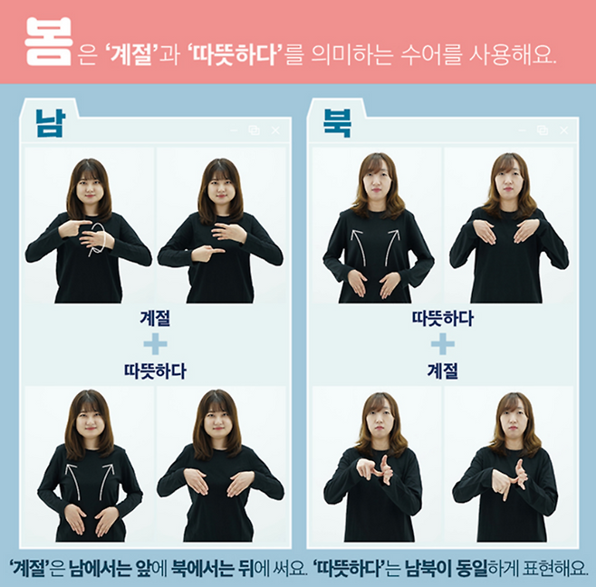 ▲ 남에서 쓰는 수어와 북에서 쓰는 손말의 차이. 사진=겨레말사업회 카드뉴스