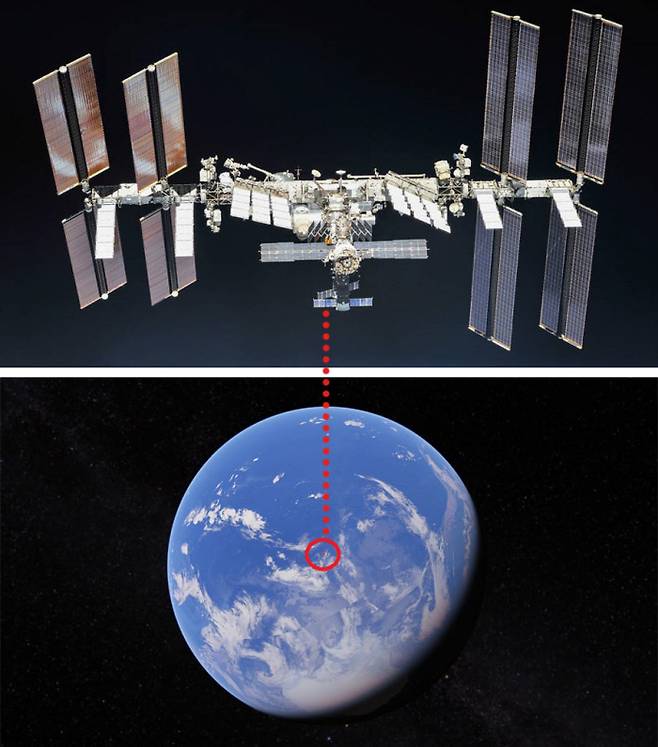 2018년 촬영된 국제우주정거장(ISS)이 고도 400㎞에서 검은 우주를 배경으로 떠 있다(위 사진). 미국 항공우주국(NASA)은 내년 예산을 바탕으로 ISS 폐기를 위한 우주선 개발에 착수할 예정이다. ISS가 폐기될 남태평양의 ‘포인트 니모’는 빨간색으로 표시된 원 안에 육지가 전혀 없는 망망대해에 자리 잡고 있다. NASA 제공·구글어스 캡처