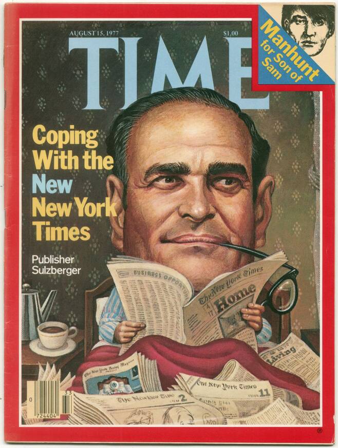 1977년 8월 15일자 미국 시사주간지 '타임' 표지에 등장한 펀치 설즈버거. 타임은 요일별 섹션 발행을 비롯한 획기적인 경영 혁신으로 펀처 설즈버거의 NYT가 승승장구하는 실태를 집중 조명했다./TIME