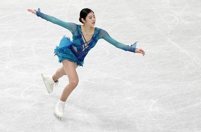 이해인(세화여고)이 22일 일본 사이타마 슈퍼아레나에서 열린 국제빙상경기연맹(ISU) 피겨스케이팅 세계선수권대회 여자 싱글 프로그램에서 연기를 하고 있다. 사이타마/EPA 연합뉴스