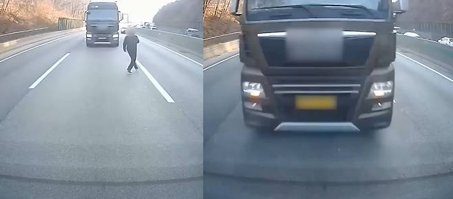 사고차량 후방 블랙박스에 촬영된 당시 상황. 운전자의 수신호를 못 본 대형 트럭이 사고 차량을 향해 달려오고 있다. /유튜브 '한문철TV'