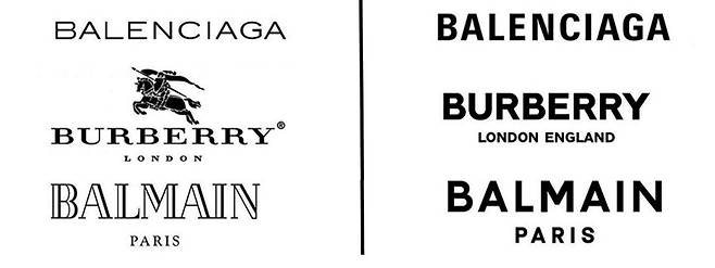 세리프(Serif, 장식) 서체 로고를 산-세리프(Sans-Serif·장식 없는)체로 교체한 브랜드들. 왼쪽은 교체 전 로고, 오른쪽은 교체 후 로고다.