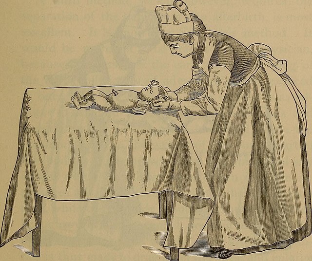갓 태어난 아기를 돌보는 19세기 초반 서구 국가 간호사의 모습. 위키미디어 제공