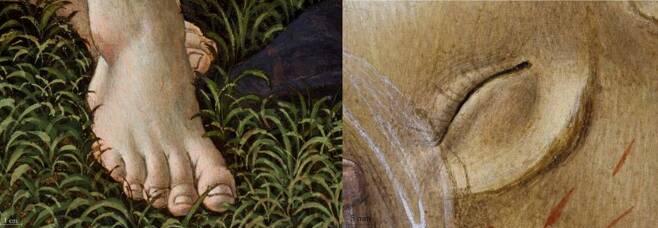 보티첼리의 1490년 작품 '그리스도의 죽음에 대한 비탄'에서. 그리스도의 얼굴(오른쪽)과 왼쪽에 선 성 요한의 발(왼쪽)에 노른자층이 생긴 것을 볼 수 있다./Bavarian State Painting Collections,