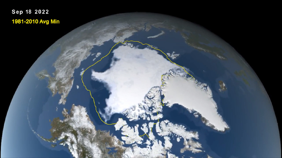 2022년 9월 북극 바다얼음 규모. 노란색 선은 1981~2010년 평균값. [사진=NASA]