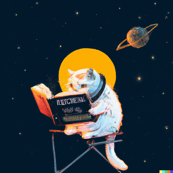 생성형 AI를 이용하면 누구나 손쉽게 작품을 만들어낼 수 있다. 이미지 생성 AI인 달리 2(DALL·E 2)에 달에서 과학잡지를 읽고 있는 귀여운 고양이라는 텍스트를 영어로 넣었더니 금방 아래 그림이 완성됐다.DALL·E 2