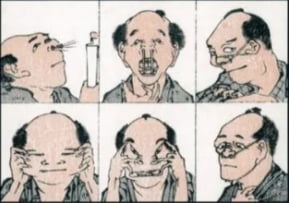 호쿠사이가 그린 여러 표정의 얼굴. 그림 자체가 재미있어 일반인들에게도 인기를 끌었다. 콧김을 뿜는 등 만화적 표현이 들어가 있다.