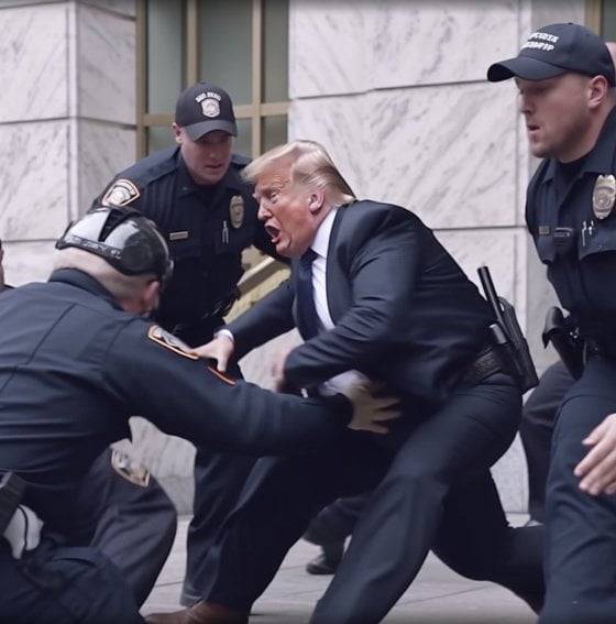 도널드 트럼프 전 미국 대통령이 수갑을 차고 연행되는 모습의 인공지능(AI) 생성 이미지. /사진=EliotHiggins 트위터 캡처