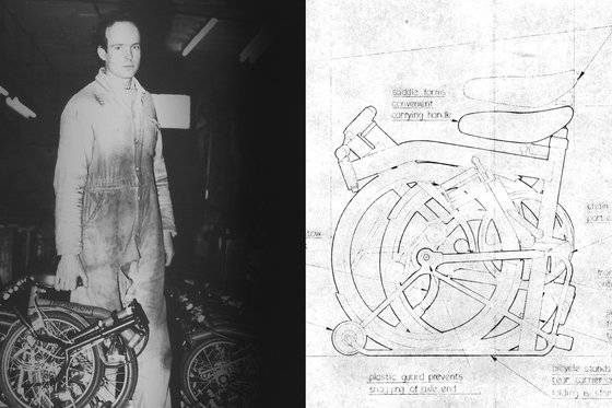 브롬톤 창업자인 앤드루 리치와 그가 작성한 자전거 설계도. 브롬톤 공식홈페이지.