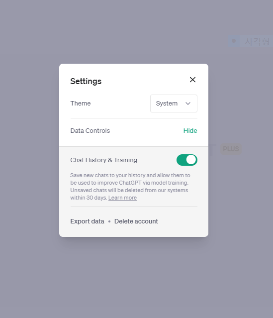 Chat Historty & Training 버튼을 눌러 채팅 기록 저장을 비활성화할 수 있다.챗GPT 화면 캡처