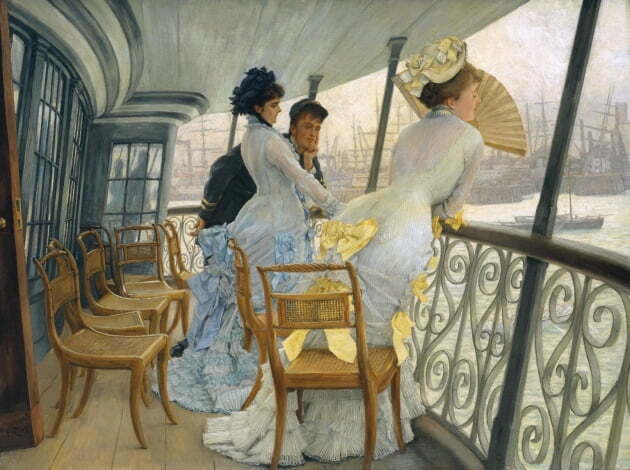 'HMS 캘커타 전함의 장교와 숙녀'(1876). 젊은 하급 해군 장교는 흰 옷의 여성을 바라보고 있고, 한 여성은 부채로 얼굴을 숨기며 장교에게서 고개를 돌리고 있다. 파란 리본이 달린 드레스를 입은 여성은 장교의 아내일지도 모른다. /테이트 소장