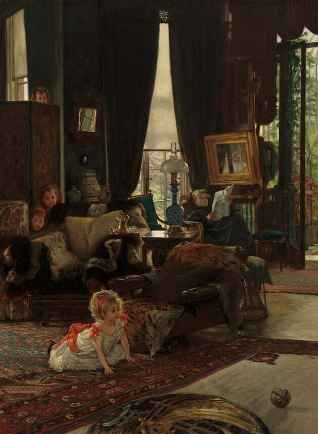 '숨바꼭질'(1877). 아이들이 숨바꼭질을 하고 있고, 캐슬린은 뒤쪽 의자에 기대 신문을 읽고 있다. /워싱턴 내셔널갤러리 소장