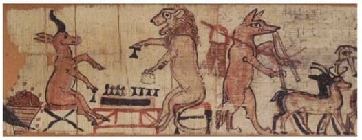 이집트 신왕국 시대에 그린 보드게임하는 사자와 가젤의 모습. 웃음을 주기 위해 그린 것으로 추정된다. 대영박물관 제공