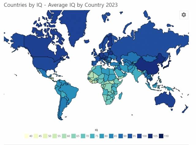 세계 평균 지능지수(IQ)를 시각적으로 표현한 데이터. IQ가 높을수록 색깔이 어둡다. 세계인구리뷰 캡처