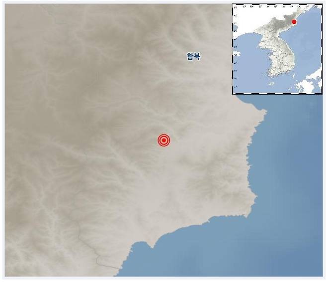 25일 오후 10시27분쯤 북한 함경북도 길주 북쪽 31㎞ 지역에서 규모 2.4의 지진이 발생했다.(기상청 제공)