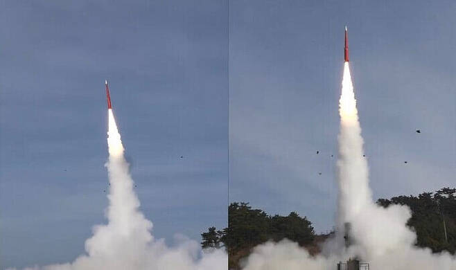 L-SAM 요격탄이 발사대에서 표적을 향해 발사되고 있다. 세계일보 자료사진