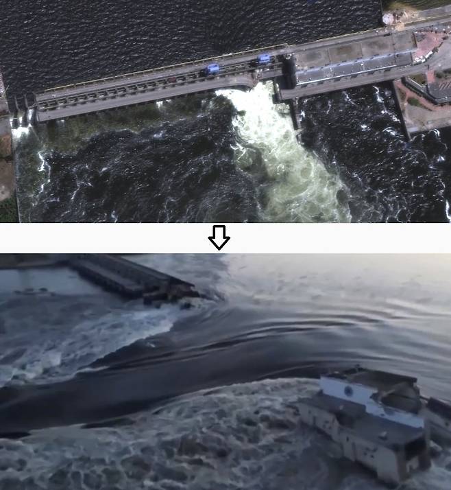 러시아군이 점령 중인 우크라이나 남부 헤르손주 노바 카호우카에 있는 카호우카댐의 물이 6일(현지시간) 붕괴된 댐을 통해 흘러내리고 있다. 우크라이나 대통령실은 러시아군이 댐과 수력발전소를 폭파했다고 비난하면서 홍수 피해가 우려되는 댐 하류 지역 주민들에게 대피명령을 내렸다. 위 사진은 미국 우주기술기업 맥사테크놀로지스가 전날 촬영한 카호우카댐 위성사진으로, 댐의 일부가 무너져 있다. AP연합뉴스