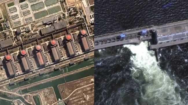 자포리자 원자력발전소(사진 왼쪽)과 최근 폭발한 카호우카 댐의 모습