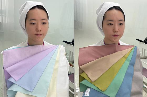 지난 9일 서울의 한 컬러 연구소에서 기자가 직접 퍼스널 컬러 진단을 받아봤다. 왼쪽 사진은 기자에게 어울리는 색, 오른쪽 사진은 어울리지 않는 색이다 〈사진=JTBC 송혜수 기자〉