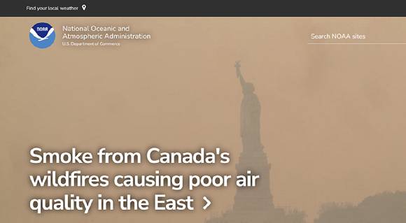 미국 국립해양대기청(NOAA)도 캐나다 산불 관련 소식을 전했다. 자유의 여신상이 희뿌연 오렌지빛 연기로 휩싸여 있다. [사진=Heated]