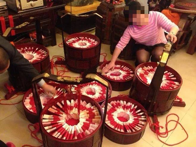 신부집에 전달된 지참금 '차이리'/사진=바이두
