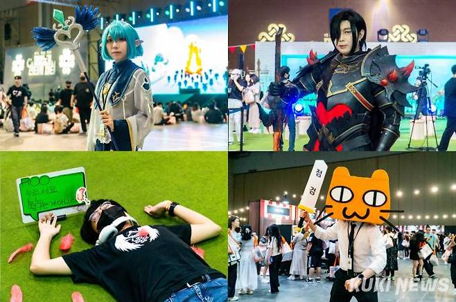 마비노기에 등장하는 캐릭터로 변신한 코스튬플레이어들(위쪽). ‘뉴비’ 플레이어가 아이템을 실수로 떨어트리는 장면을 묘사한 행위예술과 넥슨 관계자의 무시무시한 ‘점검’의 모습(아래쪽). 사진=차종관 기자