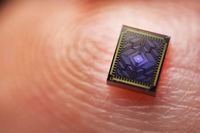 인텔의 12큐비트 실리콘 칩인 ‘터널 폴스’가 손가락 위에 있다. 출처=인텔코리아