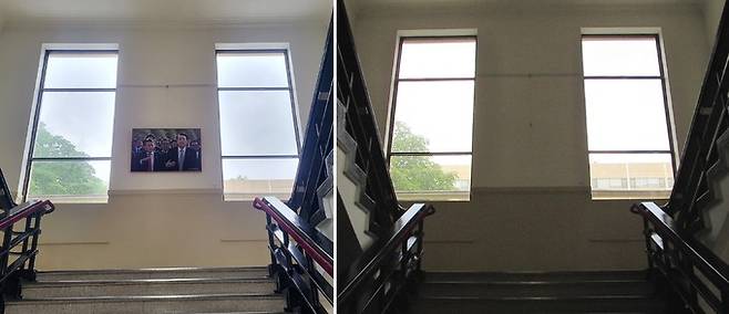 1일 충북도청 2층 계단 통로 중앙에 걸려 있던 윤석열 대통령과 김영환 충북지사의 사진이 철거됐다. 사진은 사진 철거 전(왼쪽)과 철거 후(오른쪽) 모습. 청주=뉴시스