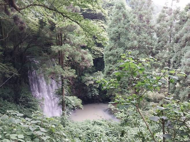 산속 도로에 난 난간 바깥에 보이는 작은 폭포 '카에데 폭포'. 사진=이환주 기자