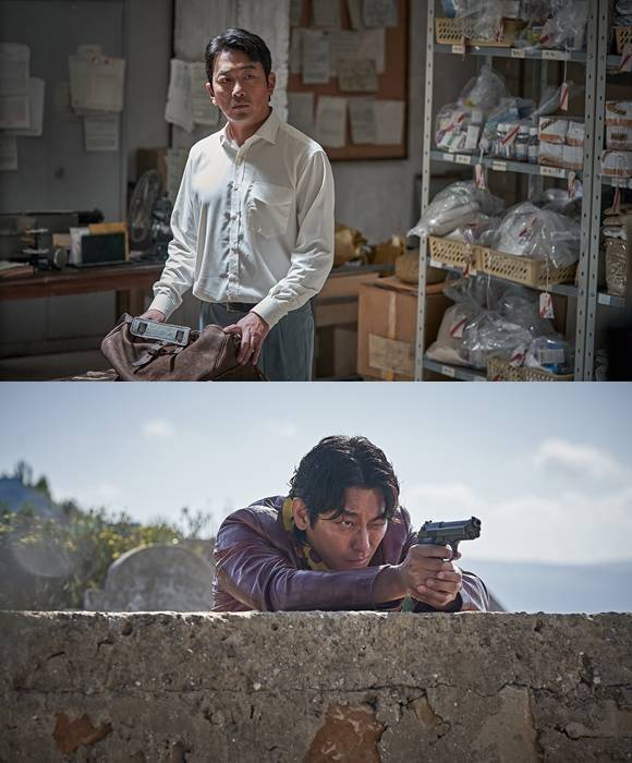 하정우(위쪽)는 있는 건 배짱뿐인 흙수저 외교관 민준 역을, 주지훈은 베이루트의 유일한 한국인이자 사기꾼 기질이 다분한 택시 기사 판수 역을 맡아 연기 호흡을 맞춘다. /(주)쇼박스 제공