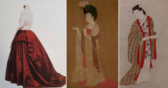 한국, 중국, 일본의 옛 치마 비교. 왼쪽부터 16세기 유물로 추정되는 경기 양주시 남양 홍씨 묘 출토 치마를 복원한 모습, 8세기 작품인 ‘잠화사녀도’의 일부, 18세기 류큐 지역의 미인도. 조선의 치미가 훨씬 풍성하다. 사진 제공=동북아역사재단