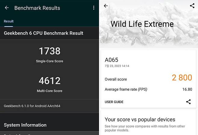 낫싱폰2 긱벤치, 3D마크 점수 결과. 사진=구자윤 기자