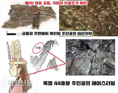 쪽샘 44호분 공주(추정)의 머리맡에서 나온 머리카락. 분석결과 황(S) 성분이 검출됐고, 주변에 두개골 조각이 확인됐다. 1㎝ 내외 두께로 모발을 모아 직물로 감거나 장식한 흔적으로 보인다.|국립경주문화재연구소 제공