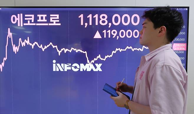 에코프로가 전 거래일 대비 11.91% 오른 111만8000원으로 거래를 마감한 18일 오후 서울 종로구 연합인포맥스 전광판에 에코프로 종가 현황이 표시되고 있다. ⓒ 연합뉴스