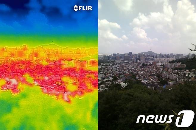전국 대부분의 지역에 폭염경보가 발령된 28일 열화상카메라로 바라본 서울 도심의 모습. 온도가 높을수록 사진 속 붉은색으로 나타나며 상대적으로 온도가 낮은 곳은 푸른 색으로 나타난다. 2023.7.28/뉴스1 ⓒ News1 유승관 기자